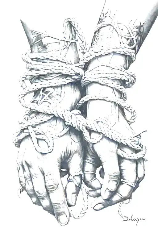 A detailed tattoo of hands performing shibari knots, with a subtle IT reference hidden in the design tattoo design idea