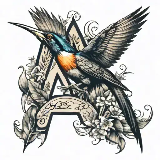 Bird of paradise animal touching the initials HR tattoo design idea