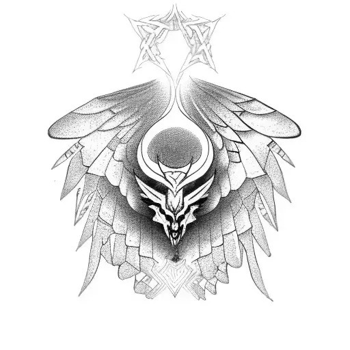 tattoo neo tribal style with wings for the back and tattoo following the spine. detailed and linear  tattoo design idea