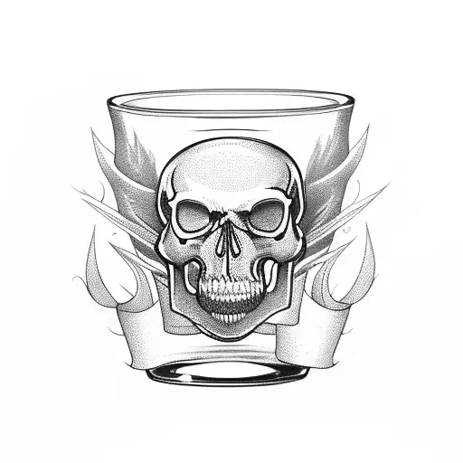 A whiskey glass with a skull inside, surrounded by musical notes tattoo design idea