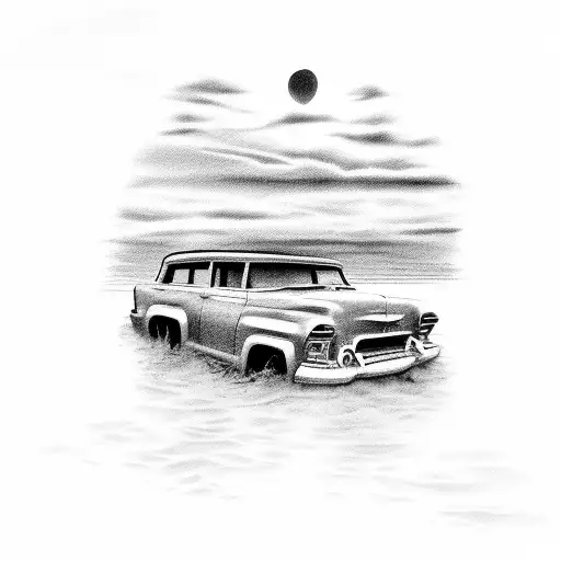 beach sunset with a car  tattoo design idea