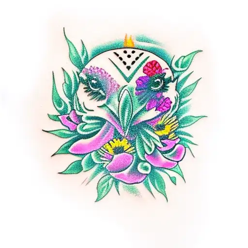 Raven with roses and purple coneflower tattoo design idea