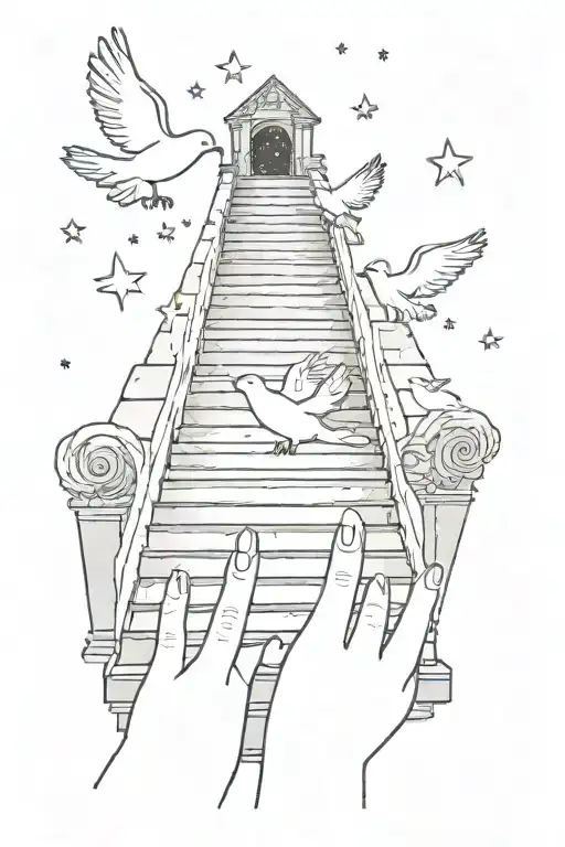 the night sky with big stars and stairs in front you and two white doves also hands touching fingertips  tattoo design idea