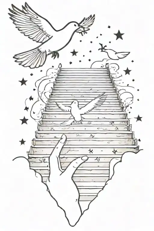 the sky with stars and stairs and a white dove with two hand touching fingertips tattoo design idea