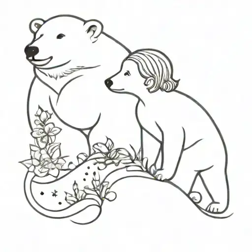 Little girl with flowers in her hair playing with polar bear cub and waves around them tattoo design idea