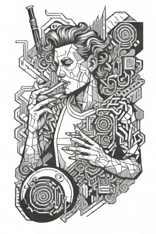 A psycho and clever person making music while smoking cigarettes tattoo design idea