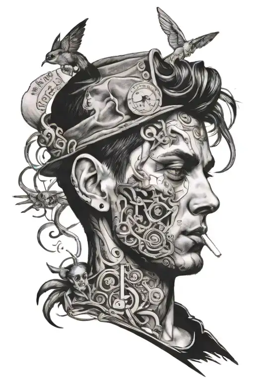 A black-grey tattoo of a person with a psycho expression, surrounded by symbols of music, cigarettes, and encounters with different people, showcasing the intensity of focus on their job tattoo design idea