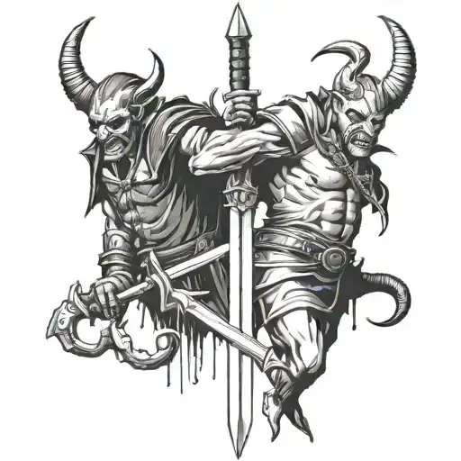 Two devils, one upright, one upside down sharing one sword—one holds the blade, the other the hilt tattoo design idea