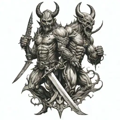 Two devils, one upright, one inverted, share a sword—one holds the blade, the other the hilt tattoo design idea