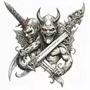 Two devils, one upright, one upside down sharing one sword—one holds the blade, the other the hilt tattoo design idea