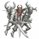 Two devils, one upright, one upside down sharing one sword—one holds the blade, the other the hilt tattoo design idea