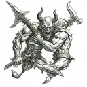 Two devils, one upright, one upside down sharing one sword—one holds the blade, the other the hilt tattoo design idea
