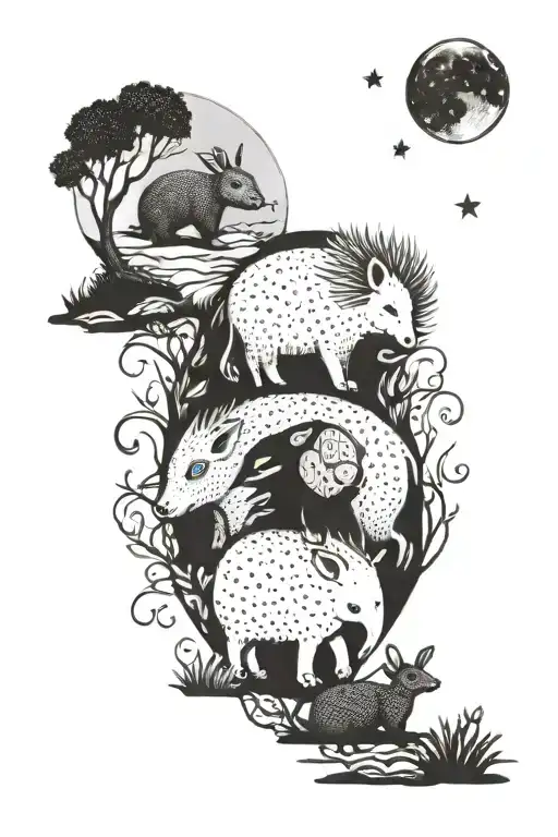 hedgehog elephant and rabbit under the moon tattoo design idea