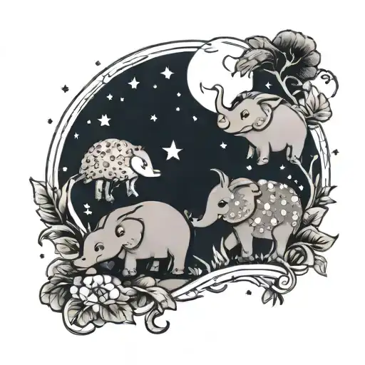 cute hedgehog and elephant and rabbit under the moon and stars tattoo design idea