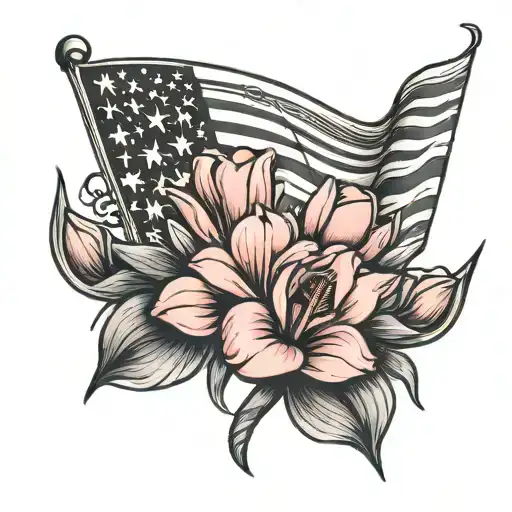pink ribbon with tulips and American flag tattoo design idea