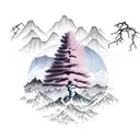 mountain range with sakura tree and japanese house tattoo design idea