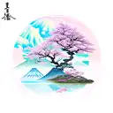 mountain range with sakura tree and japanese house tattoo design idea