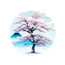 mountain range with sakura tree and japanese house tattoo design idea