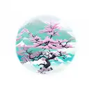mountain range with sakura tree and japanese house tattoo design idea