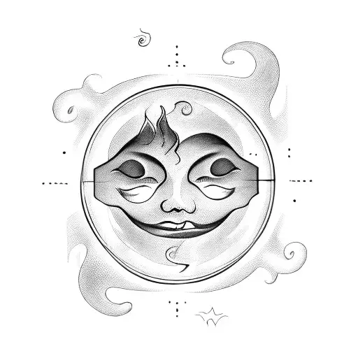 two circes with a smiling face and forwning face in them with flames coming off the op tattoo design idea