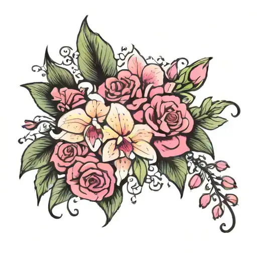 Sweetpea flower pink  Orchid and rose bouquet  tattoo design idea