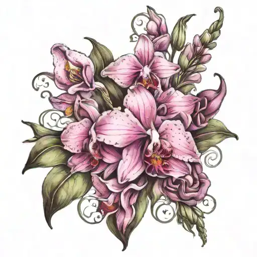 Sweetpea flower pink  Orchid and rose bouquet  tattoo design idea