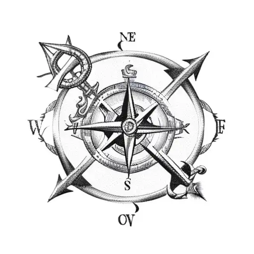 A black haired mermaid with a compass and anchor on rough waves tattoo design idea