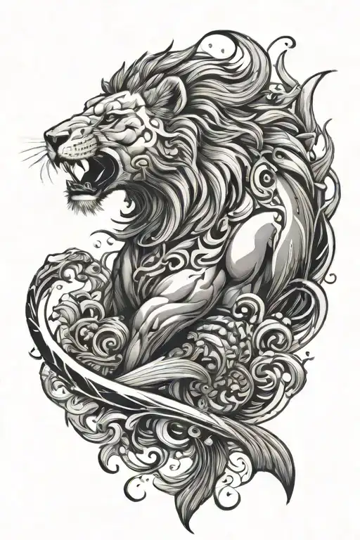 Combine a lion and a sea orca in a dynamic and powerful design tattoo design idea