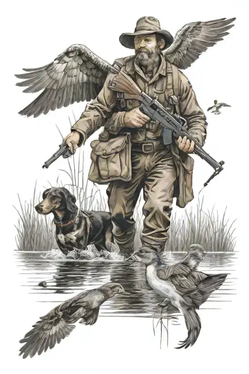 duck hunting with flying ducks and hunter walking through pond with duck dog as memorial piece  for grandpa  tattoo design idea