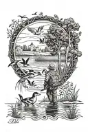 duck hunting with flying ducks and hunter walking through pond with duck dog as memorial piece  for grandpa  tattoo design idea