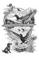 duck hunting with flying ducks and hunter walking through pond with duck dog as memorial piece  for grandpa  tattoo design idea
