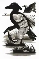 duck hunting with flying ducks and hunter walking through pond with duck dog as memorial piece  for grandpa  tattoo design idea