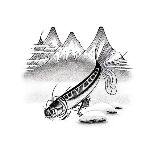 A fly fishing lure with delicate line work and a majestic mountain backdrop tattoo design idea