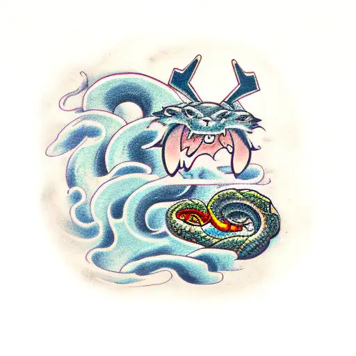 the japanese storm god killing a snake with a sword tattoo design idea