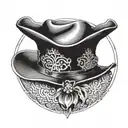 A blackwork tattoo of Daniela Dimitrescu's iconic hat and collar design, with a subtle nod to her vampiric nature tattoo design idea