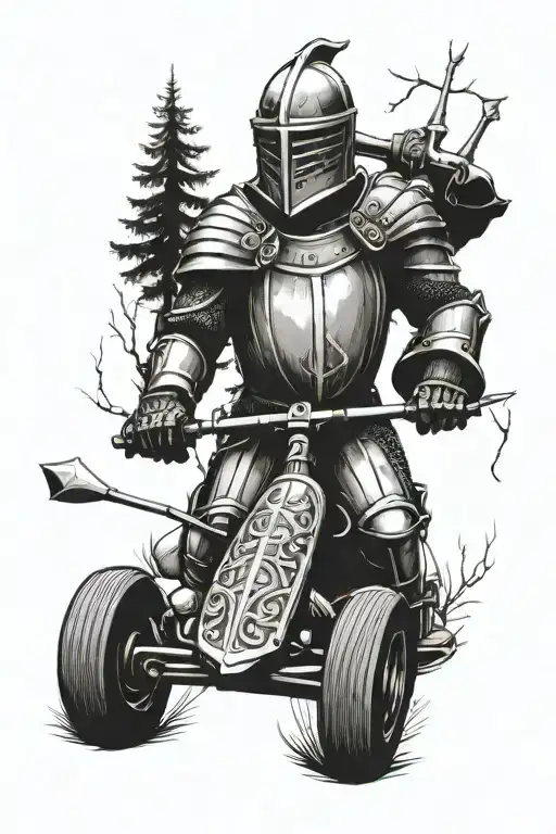 A medieval knight riding a go-kart through a forest tattoo design idea