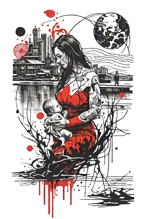 a mother with a child in her arms by the river tattoo design idea