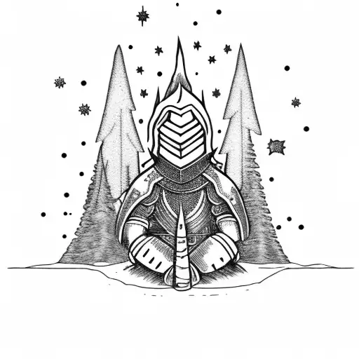 Knight sitting at bonfire in front of dark forest with a starry sky tattoo design idea