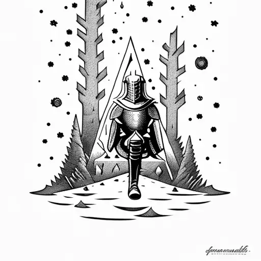 Knight sitting at bonfire in front of dark forest with a starry sky tattoo design idea