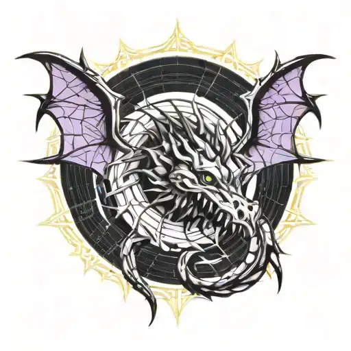 Black dragon ouroboros with spikes entwined with skeletal ouroboros flying in space tattoo design idea