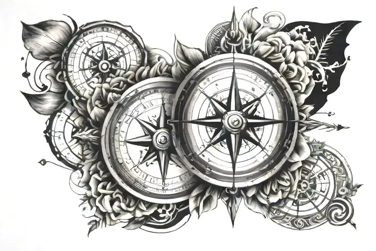 Tattoo Design Description  Placement: Inner forearm  Elements:  	1.	Central Compass: 	•	Style: Black and grey with fine  tattoo design idea