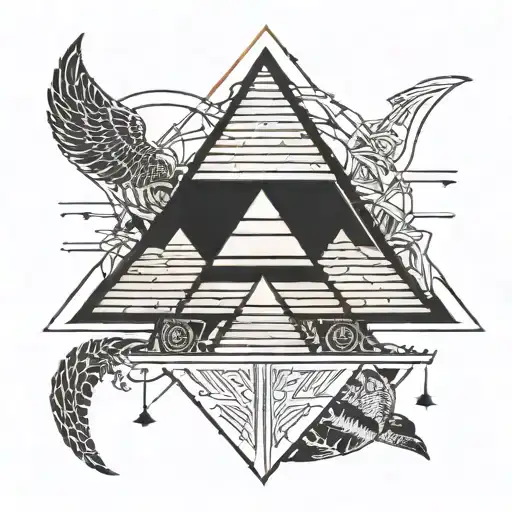 An intricate blackwork tattoo of a pyramid with Egyptian hieroglyphics intertwined with music notes tattoo design idea