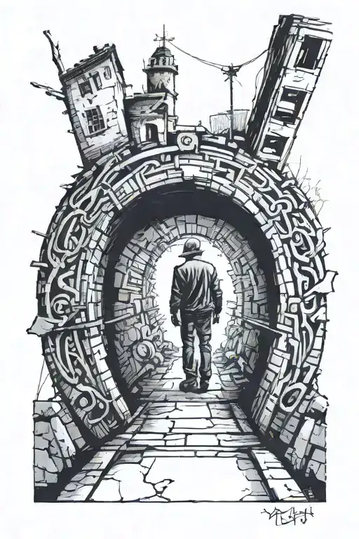 A man stands at a tunnel into the unknown, perhaps he doesn’t even know about it, he doesn’t know when the tunnel will suck him in tattoo design idea