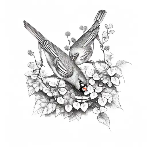 two cardinals sitting on a vine with September and October flowers wrap around tattoo design idea