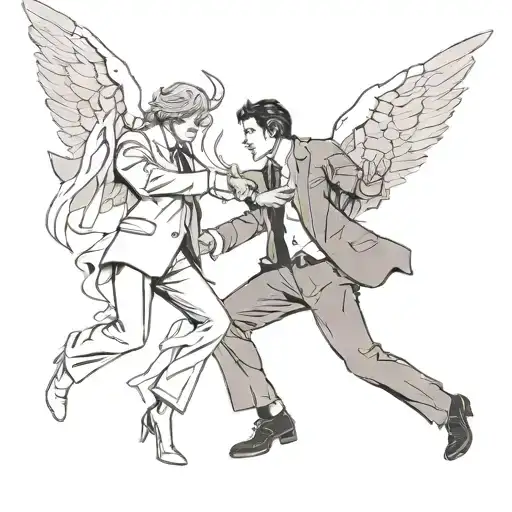 an angel in a suit fighting a demon while protecting a human soul  tattoo design idea