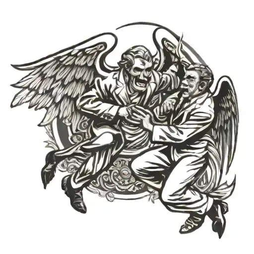 an angel in a suit fighting a demon while protecting a human soul  tattoo design idea