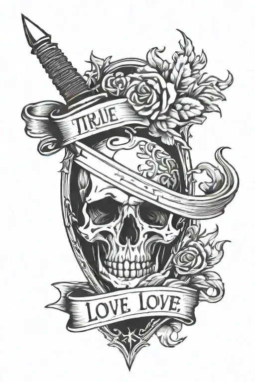 hearth with a dagger through it and a scroll saying true love (love theme)  tattoo design idea