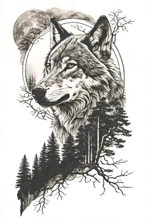 wolf head with a forest and a couple of wolds on a mountain  tattoo design idea