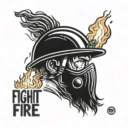 A man in a helmet pours gasoline on the fire, causing it to flare up even hotter. Next to it is the inscription "Fight fire with fire" tattoo design idea