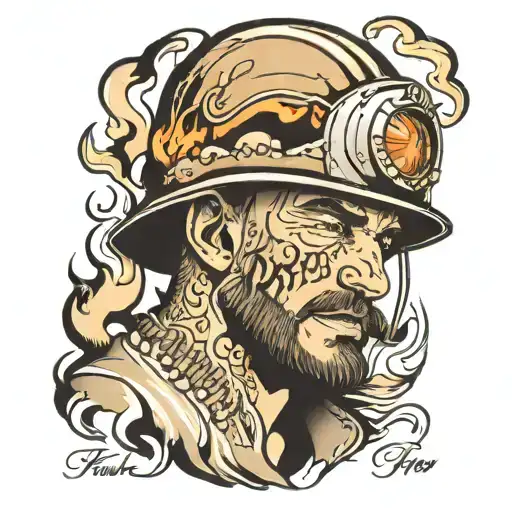 Tattoo sketch: A man in a helmet adds gasoline to the fire, causing it to flare up even more. The inscription “Figh” pops up nearby tattoo design idea